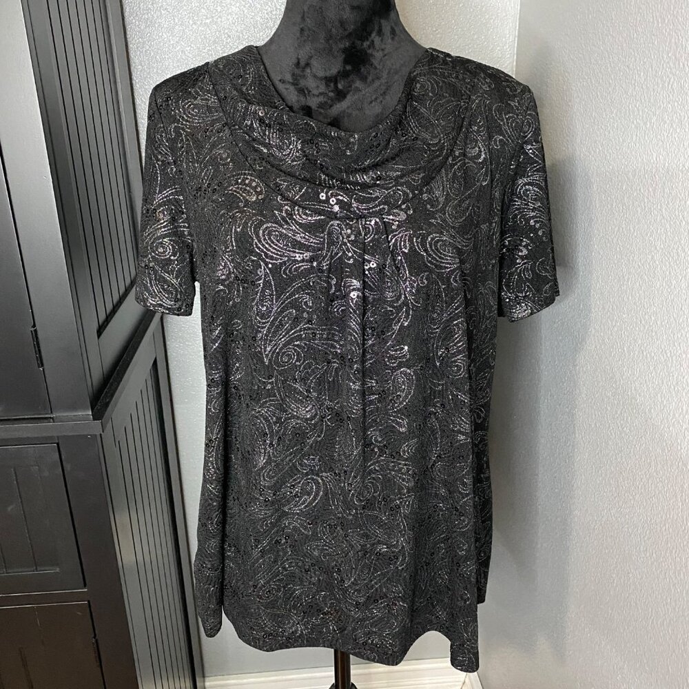 White Stag Blouse Large Black Cowl Neck Short Sleeve Paisley Sequins Glam‎
